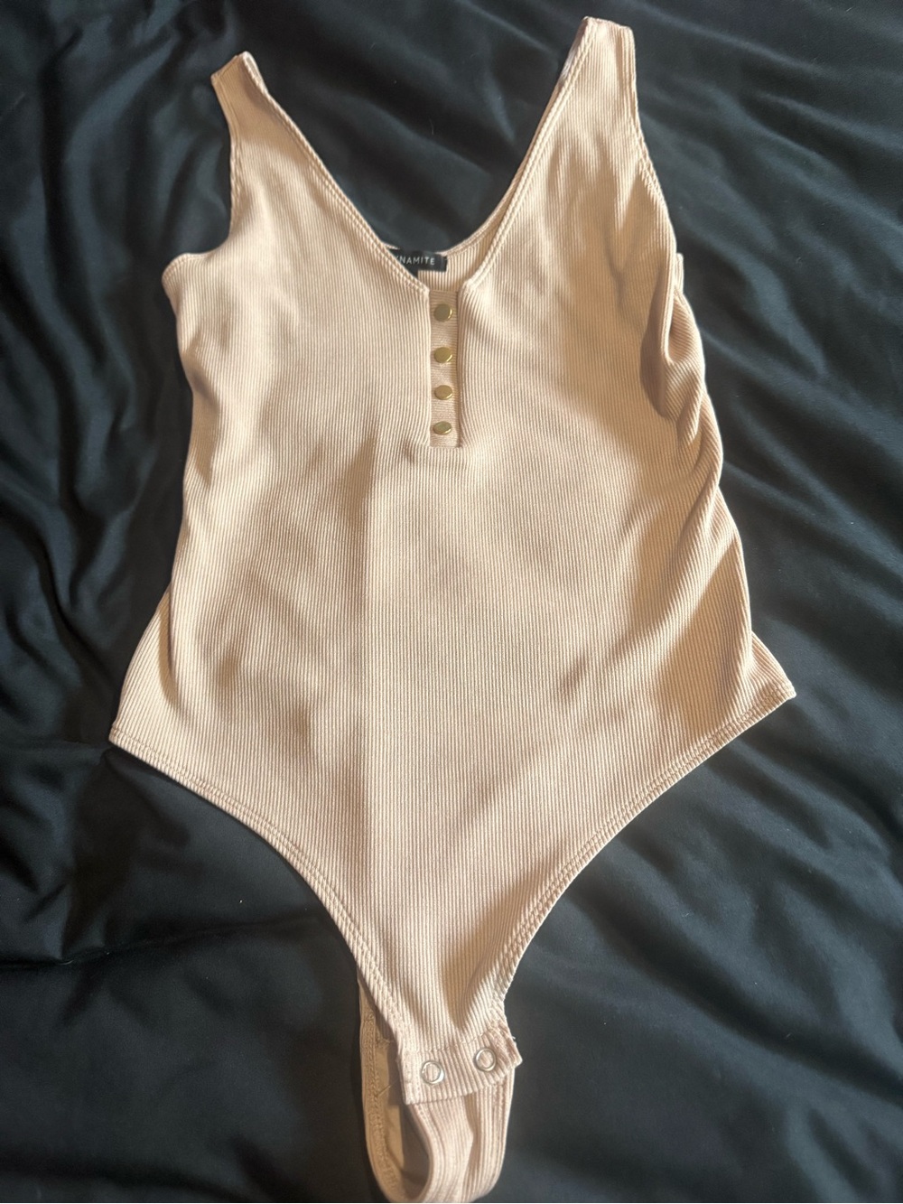 Dynamite Ribbed Henley Snap-Back Bodysuit - Beige